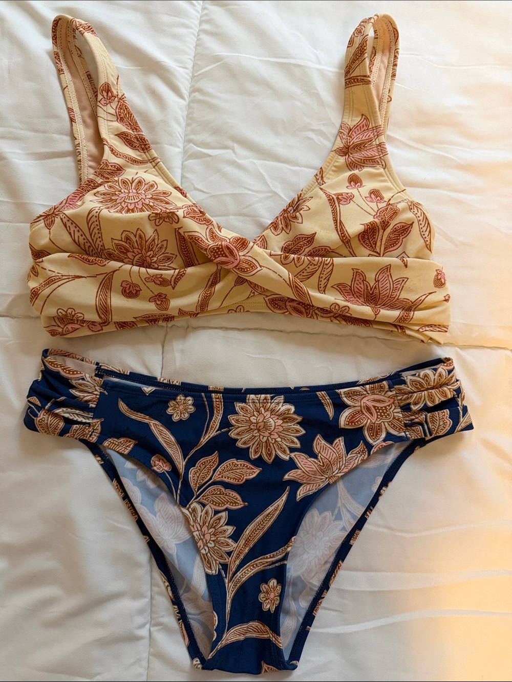 Boho Floral Two-Piece Bikini Set - Cream & Navy